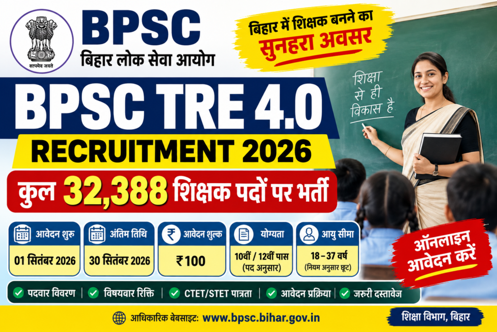 BPSC TRE 4.0 Recruitment 2026: 32388 शिक्षक पद, आवेदन तिथि, योग्यता और फीस